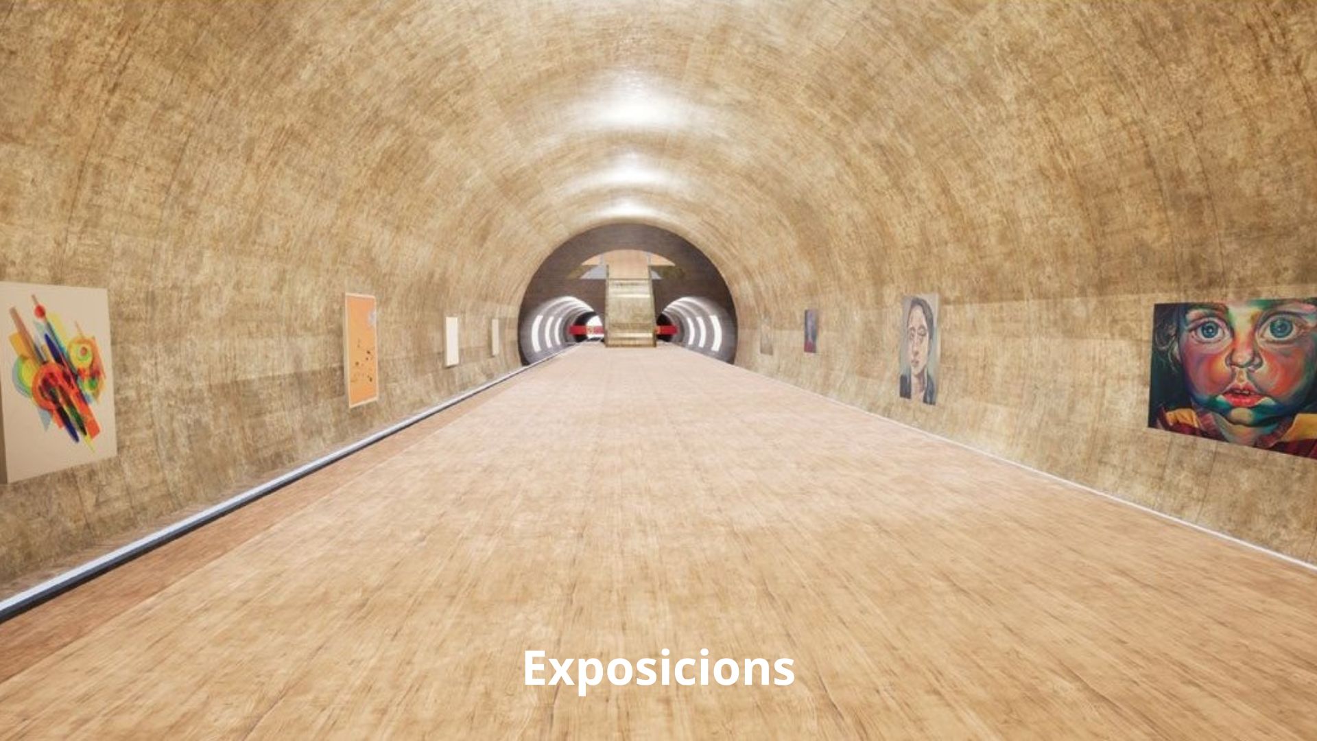 Un centre d'exposicions, un passadís llarg amb quadres a les parets